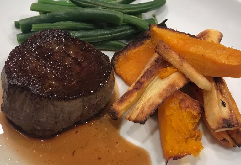 Lean Fillet Steak with Parsnip &amp; Kumara Chips